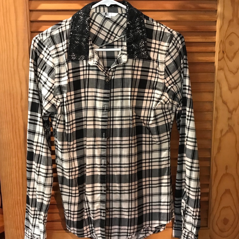 Plaid button down- cream, tan, and black